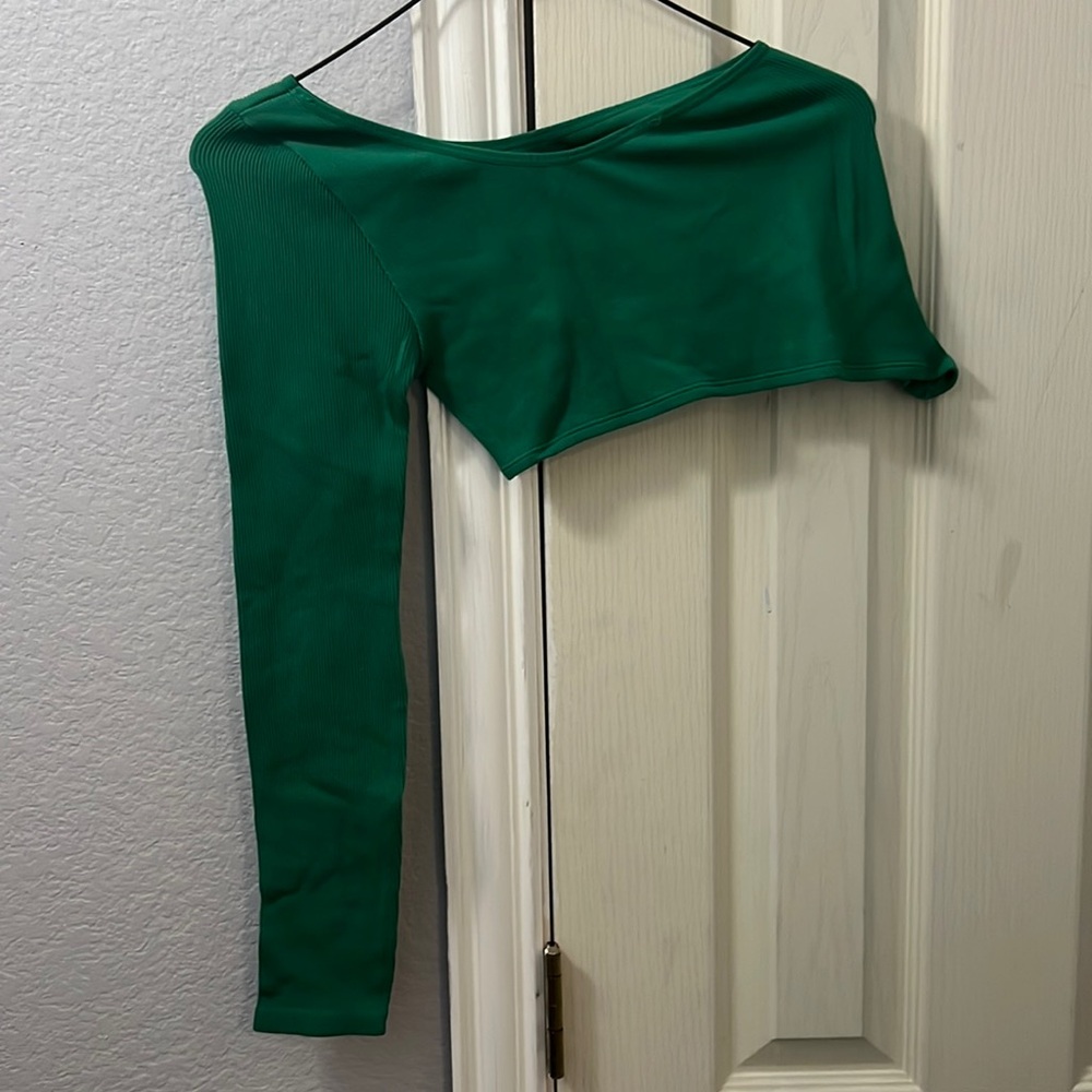 Green cropped off the shoulder top